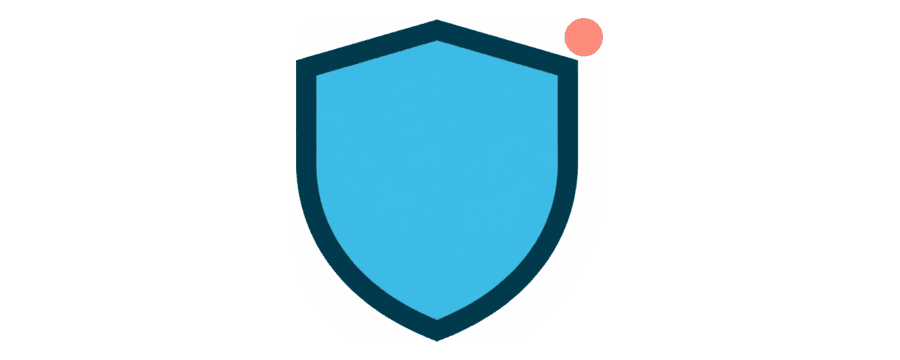 Illustration: a navy shield outline with a small coral dot beside its top corner