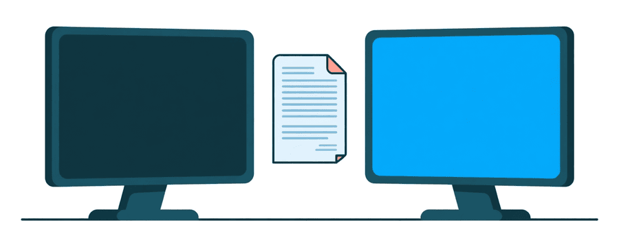 Illustration: two plain screens facing each other with a document page floating in the gap