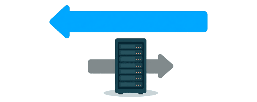 Illustration: a straight blue arrow above, and below it a grey arrow passing through a single server box
