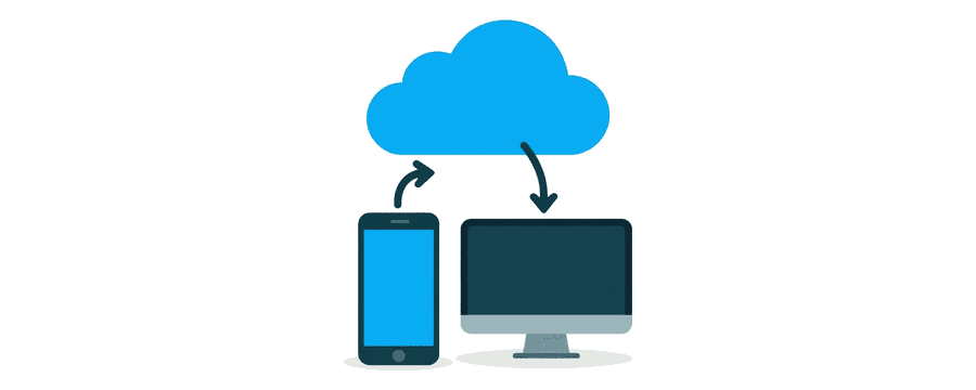 Illustration: a cloud above a smartphone and a monitor, one arrow going up and one coming down