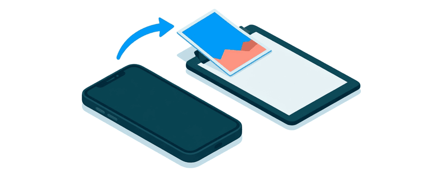 Illustration: a photo card moving from a smartphone onto a flat clipboard along a short blue arrow