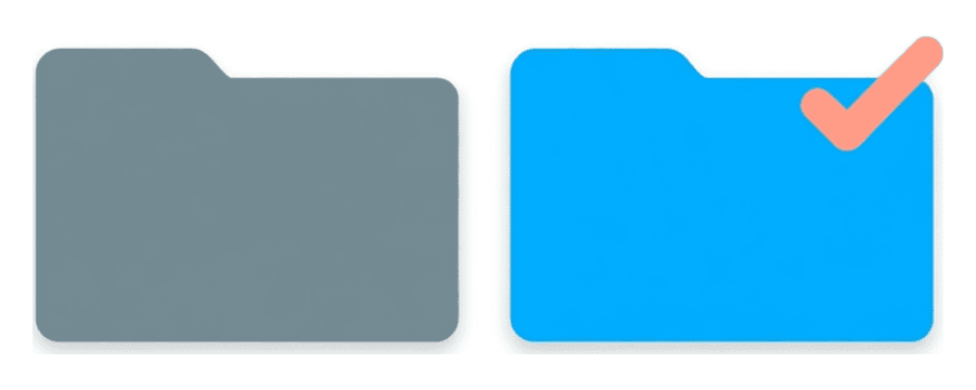 Illustration: two small file cards side by side, the left plain grey and the right bright blue with a small coral tick in its corner