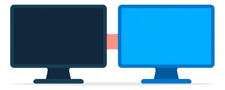Illustration: two desktop monitors lying flat side by side, one navy and one bright blue, joined by one short coral line