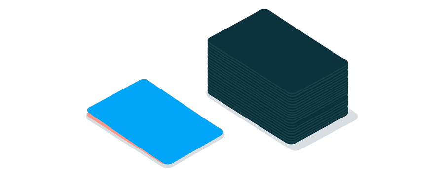 Illustration: one small blue picture card at the left and a tall stack of many navy picture cards at the right