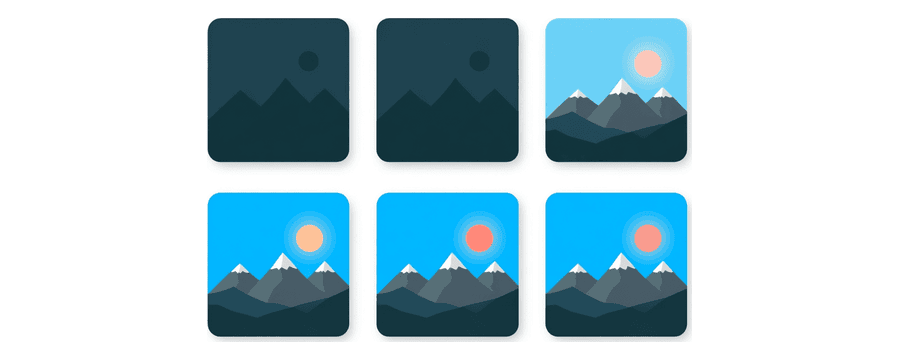 Illustration: six small picture cards in two neat rows, the upper row navy and the lower row blue, each showing a simple mountain and sun landscape