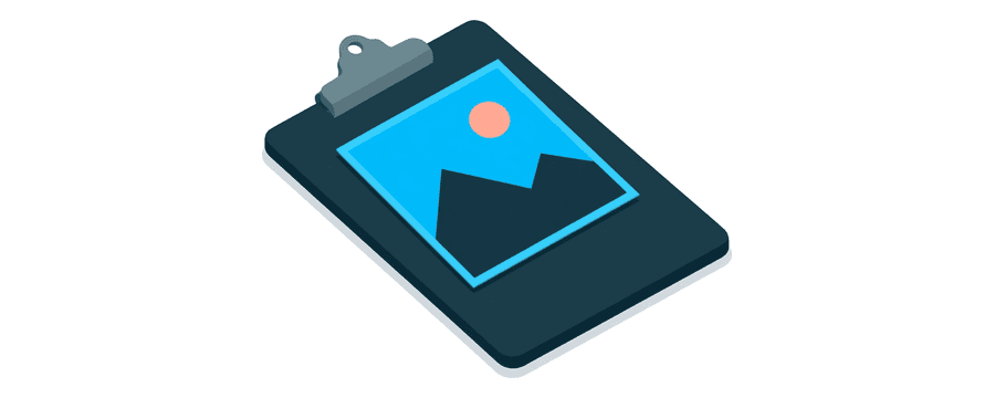 Illustration: a clipboard with a navy board holding one blue picture card of a simple mountain and sun landscape