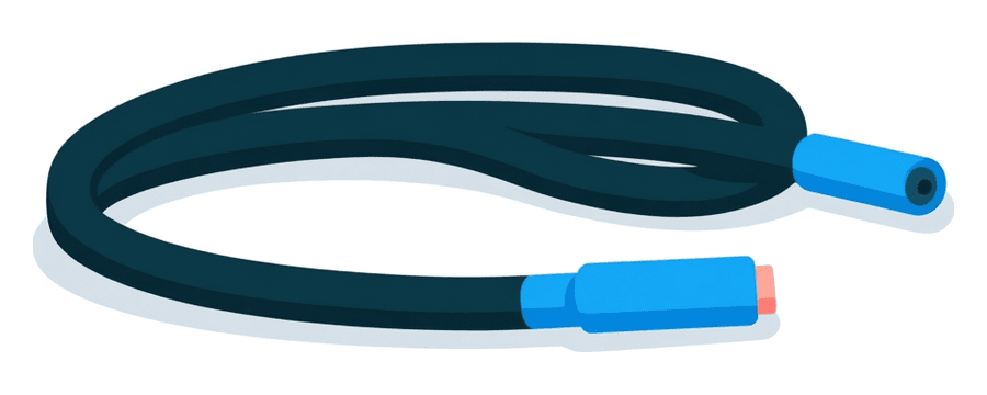 Illustration: one curved navy cable lying flat with a small blue connector at each end