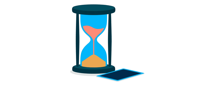 Illustration: an hourglass with amber sand in its lower chamber, and one navy picture card lying beside its base