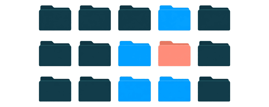 Illustration: a grid of twelve small file tiles, each a plain document page, most navy and three bright blue