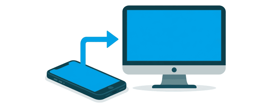 Illustration: a smartphone and a desktop monitor lying flat, with one straight blue arrow leading from the smartphone to the monitor