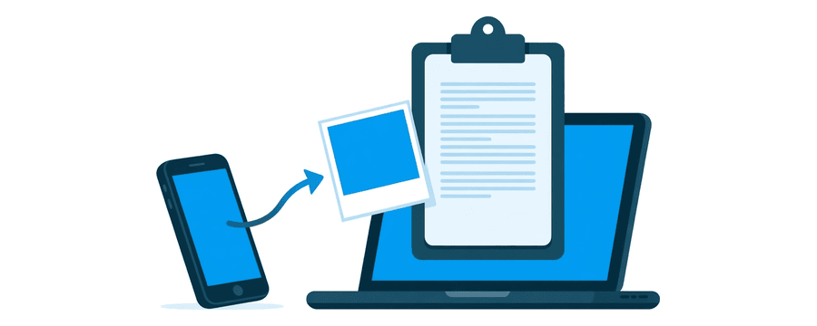 Illustration: a photo card flying from a phone onto a clipboard on a laptop screen