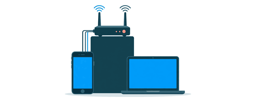 Illustration: a router linked to a smartphone and a laptop, with a tall wall standing between the two