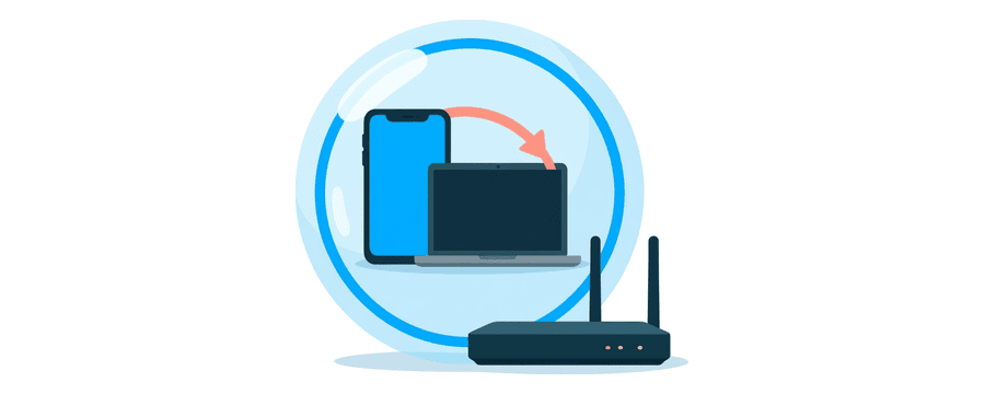 Illustration: a phone and a laptop inside a bubble of their own, joined by a blue arc, with a router outside