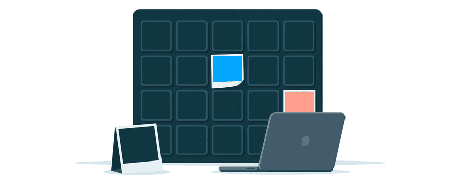 Illustration: a calendar grid with a small photo card in every square, beside a laptop