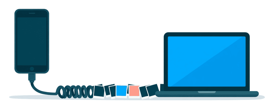 Illustration: a phone joined to a laptop by a coiled cable, with many photo cards moving along it into the laptop