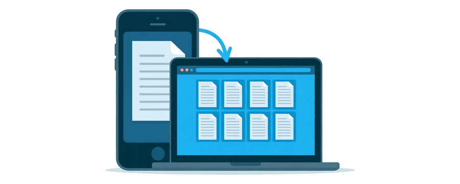Illustration: a phone beside a laptop whose browser window shows a grid of file tiles