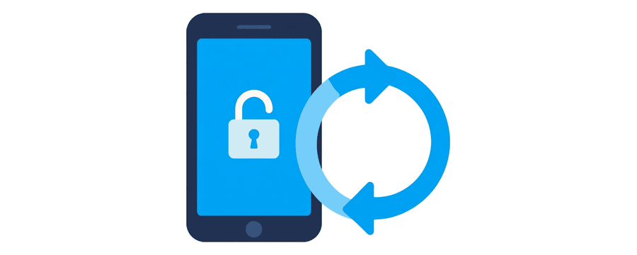 Illustration: a phone with a lit screen and an open padlock, next to a circular refresh arrow