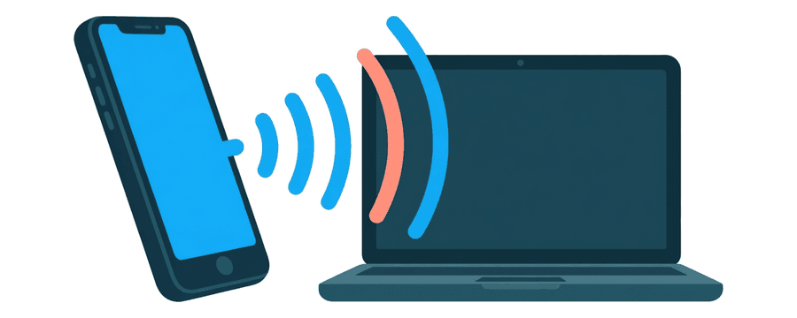 Illustration: a phone sending wide signal arcs to a laptop beside it
