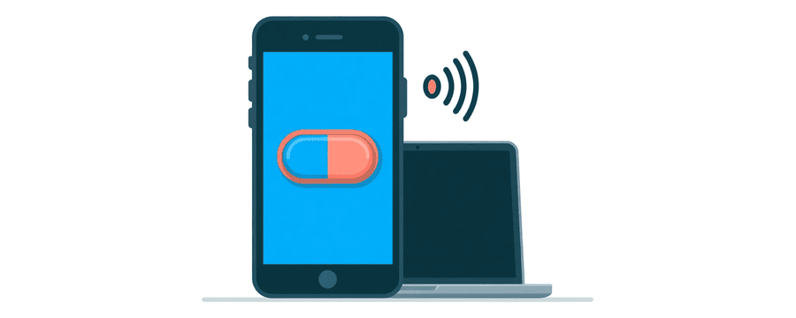 Illustration: a phone showing one large switch turned off next to a signal bars icon, with a laptop beside it