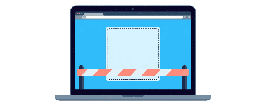 Illustration: a browser window on a laptop with an empty dashed square and a barrier gate across it