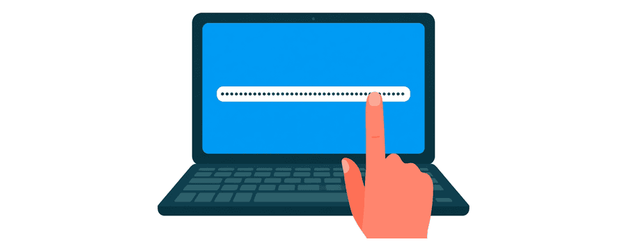 Illustration: a fingertip tapping a laptop key while a row of dots fills the browser address bar