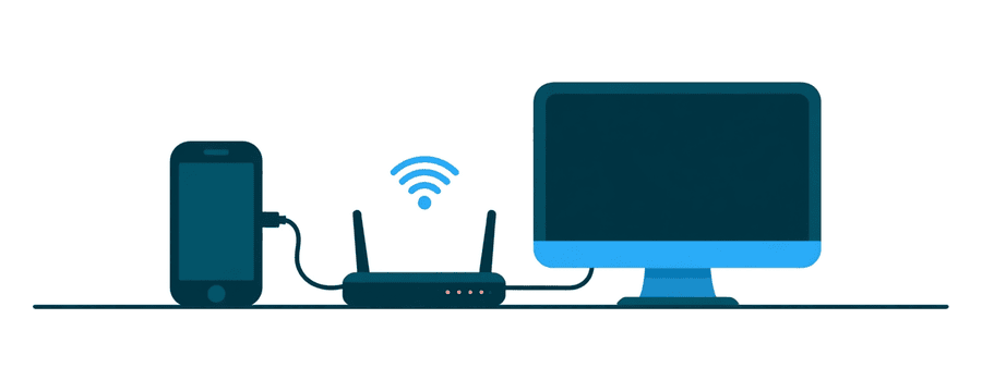Illustration: a router linked to a phone and a desktop computer, all inside one large circle