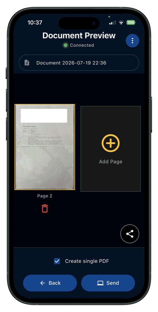 The Camera to Clipboard document scan mode showing a scanned page in Document Preview, with Create single PDF ticked and a Send button