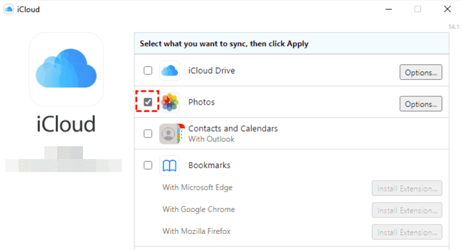 iCloud for Windows sync window with the Photos checkbox ticked, then Apply
