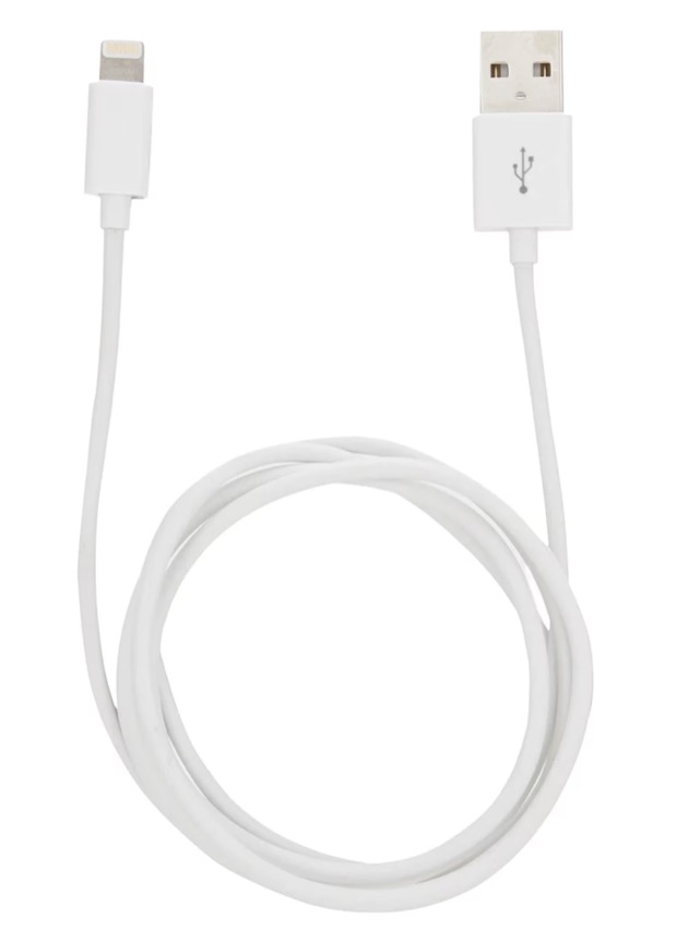 A white Lightning to USB cable coiled on a plain background