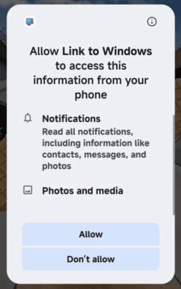 Android permission dialog asking to allow Link to Windows to access notifications and photos and media, with Allow and Do not allow buttons