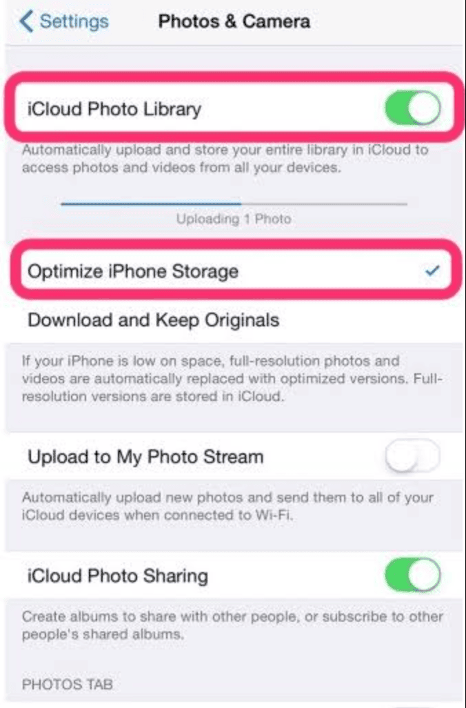 iPhone Photos settings showing iCloud Photo Library switched on and Optimise iPhone Storage selected instead of Download and Keep Originals