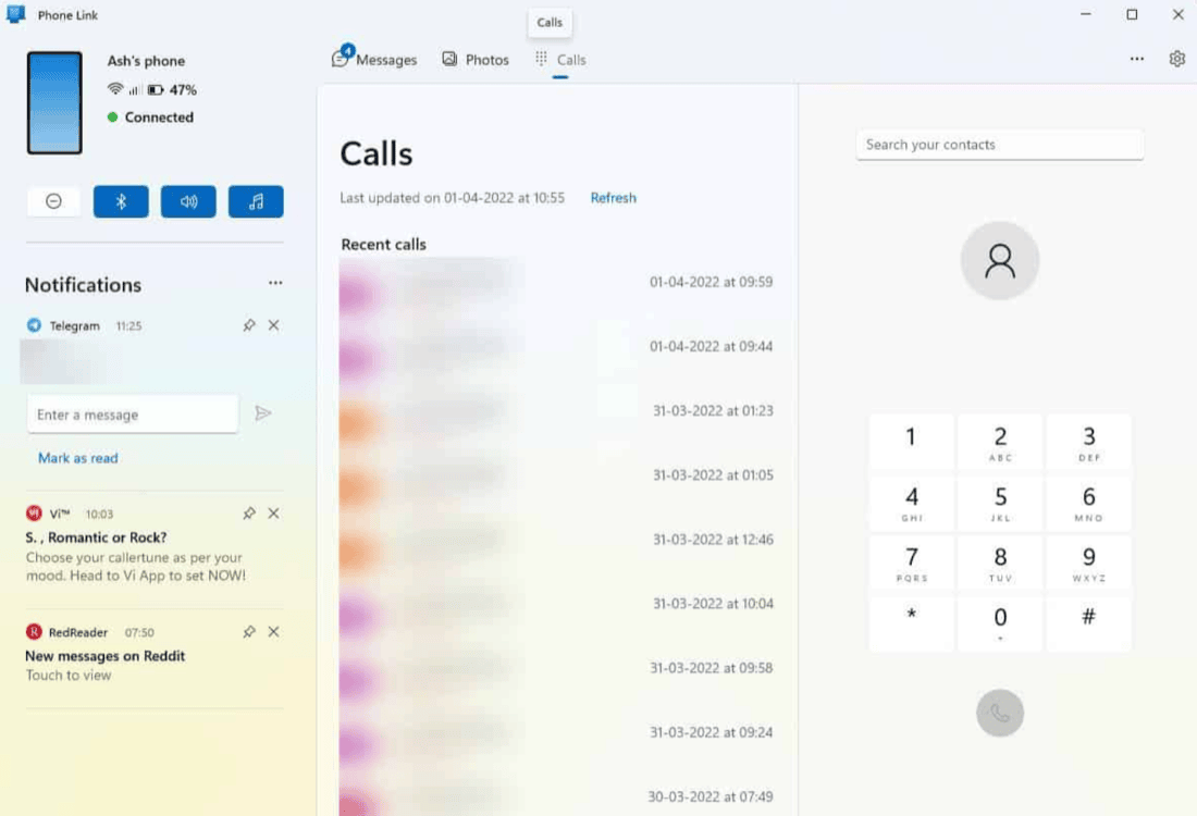 Microsoft Phone Link on Windows showing a connected Android phone with Messages, Photos and Calls tabs