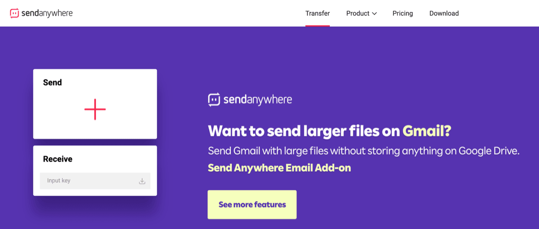 The Send Anywhere website showing the Send and Receive panels with a 6-digit key field