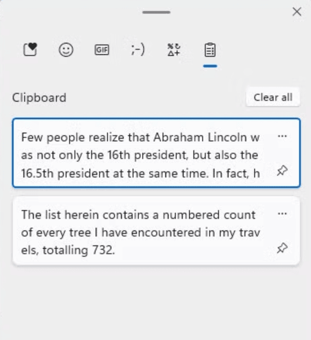 The Windows clipboard history panel opened with Win + V, listing two copied text items, each with a pin control, and a Clear all button at the top