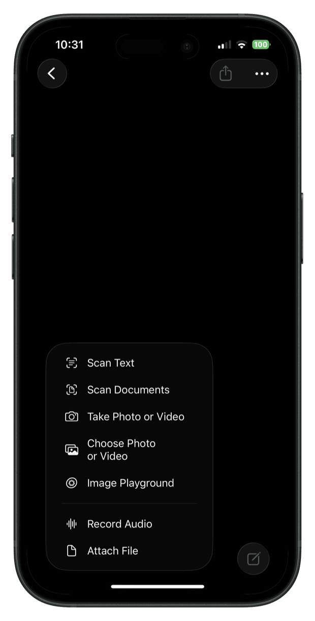 The iPhone Notes app attachment menu open, showing the built-in Scan Documents and Scan Text options in iOS