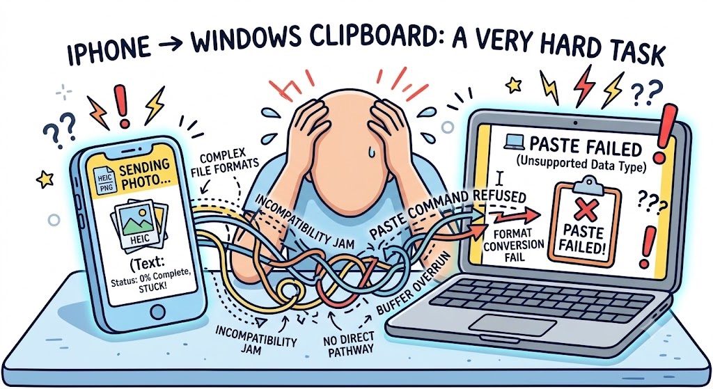Illustration of the tangled, error-prone path of getting an iPhone photo into a Windows clipboard, ending in Paste Failed