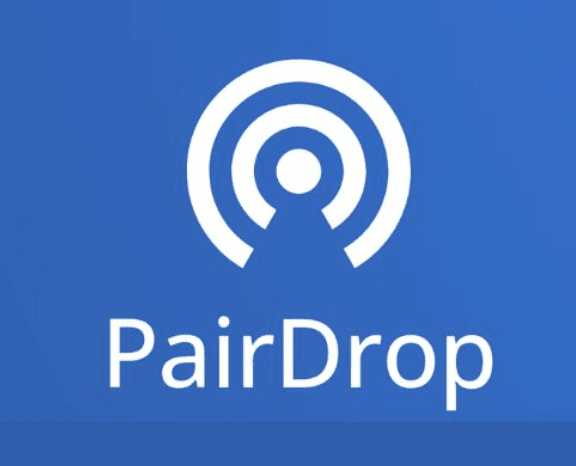 The PairDrop logo, a white radiating signal icon above the PairDrop wordmark on a blue background