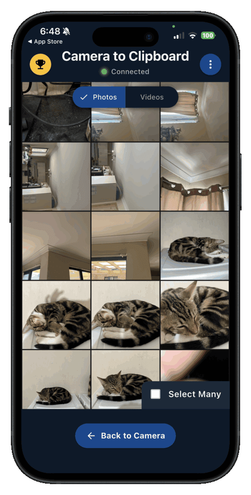 The Camera to Clipboard app showing the photo library grid