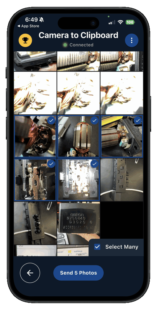The Camera to Clipboard app selecting several photos to send