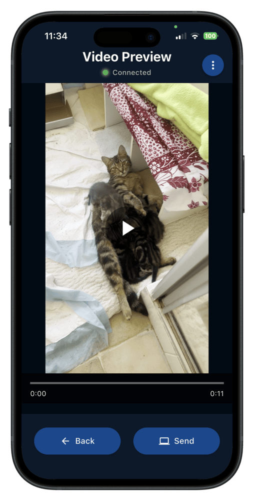 The Camera to Clipboard app sending the selected video to the PC