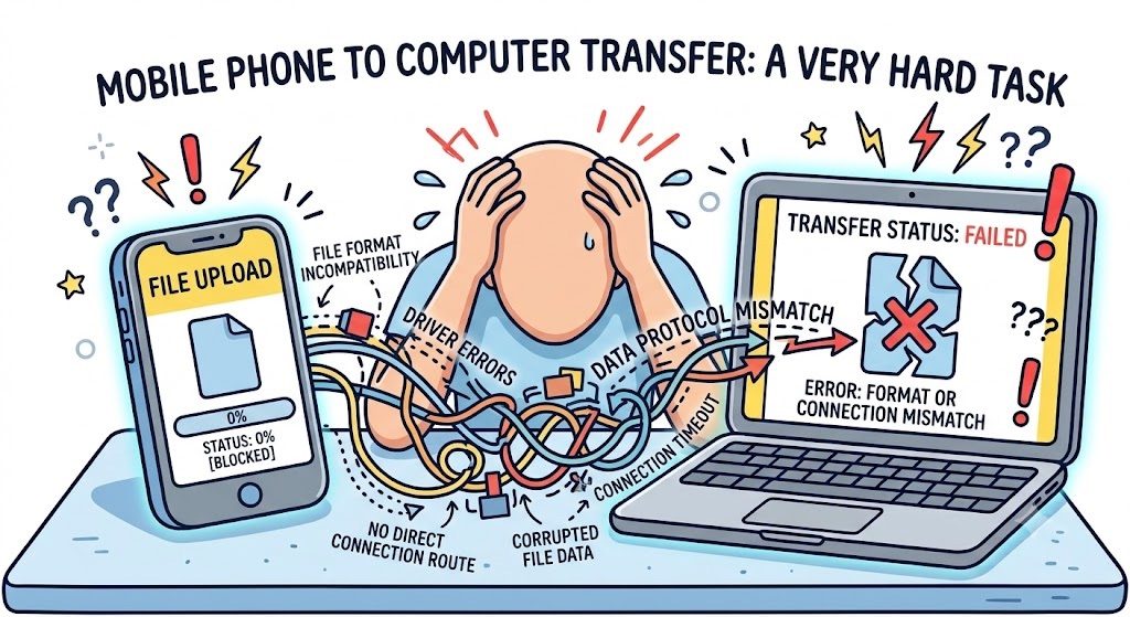 Illustration of how tangled and error-prone the manual phone-to-PC transfer routes can be, ending in Transfer Failed