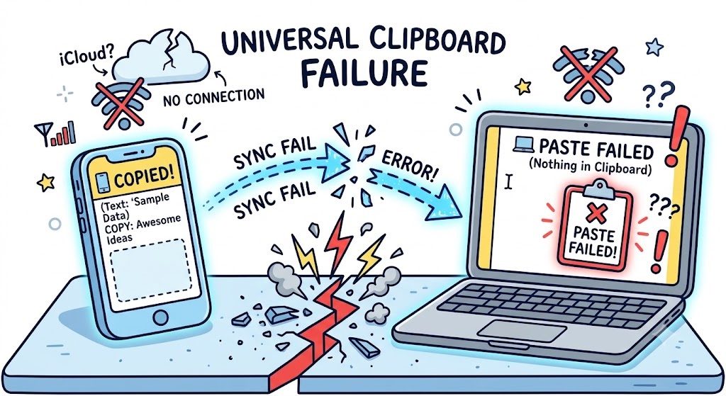 Illustration of Universal Clipboard failing: a phone shows Copied but the laptop shows Paste Failed with nothing in the clipboard